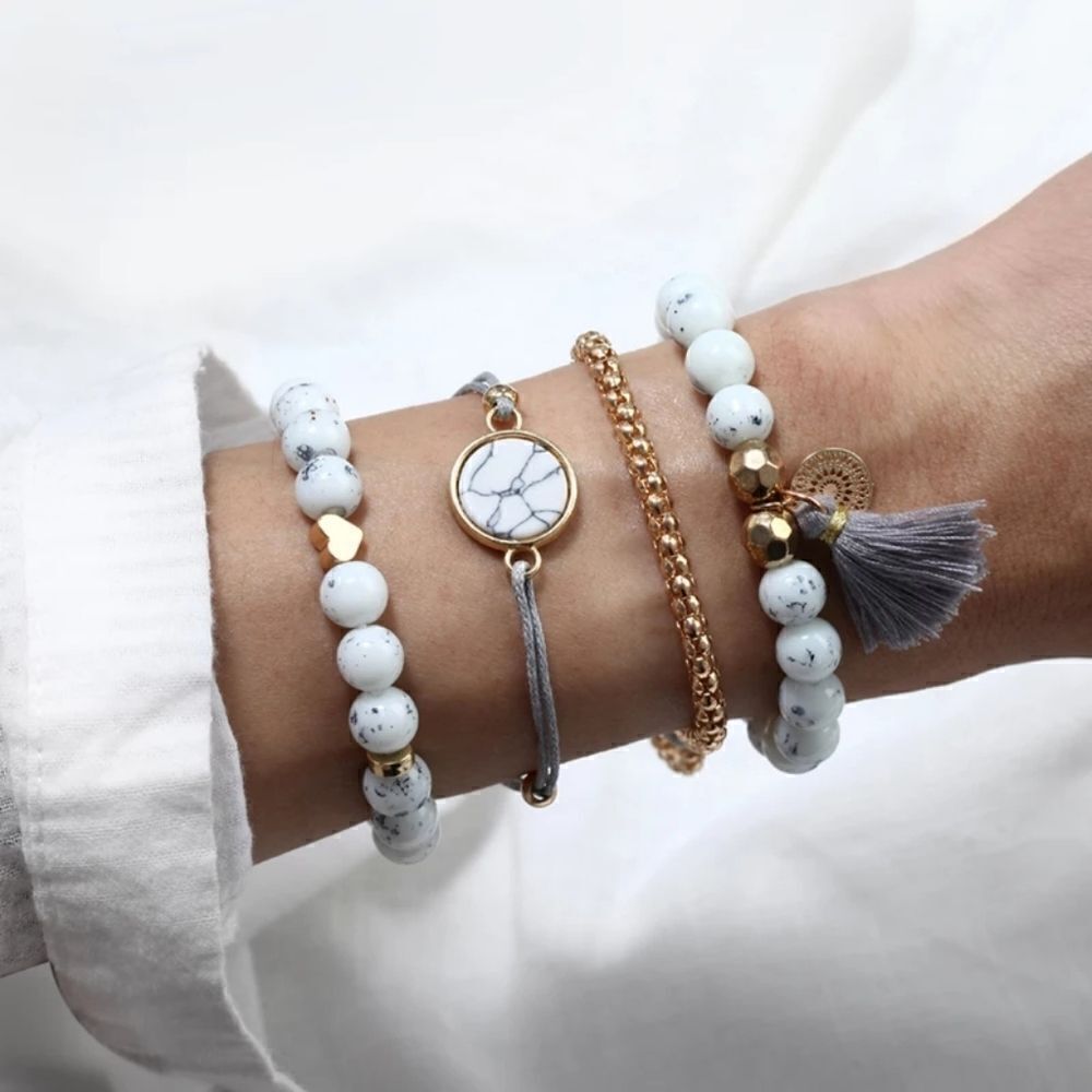 White Marble Gold Charm Tassel Bracelet Set